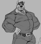 anthro beard belt body_hair bottomwear chest_hair clothing ears_up facial_hair hair looking_down male musclegut muscular muscular_male pants solo polartoons ambiguous_species canid canine canis domestic_dog mammal monochrome sketch