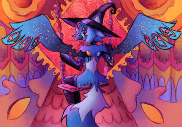 abstract_background anthro clothing cosmic_wings female hat headgear headwear looking_at_viewer solo witch_hat puapka azura_(loneguardian) avian hi_res