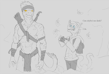 anthro blush bottomwear bow_(weapon) camera clothing duo loincloth male male/male ranged_weapon size_difference tribal weapon murskahammas dinosaur dromaeosaurid lizard prehistoric_species reptile scalie theropod 2019