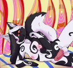 abstract_background anthro bed breasts furniture genitals herm heterochromia intersex penis playful psychedelic psychedelic_background smile solo dengus-pengus canid canine fox mammal hi_res