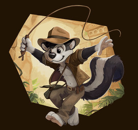 anthro barefoot black_hair black_nose bottomwear brown_bottomwear brown_clothing brown_eyes brown_hat brown_headwear brown_jacket brown_pants brown_topwear clothed clothing feet fur glistening glistening_eyes gloves_(marking) grey_body grey_fur hair hat headgear headwear holding_object holding_whip jacket logo male markings open_clothing open_jacket open_topwear pants smile solo standing topwear whip white_body white_fur young young_anthro young_male pandapaco mammal mephitid skunk artist_logo signature