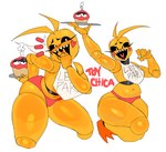 anthro beakless bent_over bib candle clothed clothing cupcake female fingers food looking_at_viewer machine open_mouth panties serving_tray sharp_teeth simple_background solo teeth thick_thighs underwear white_background goolahan five_nights_at_freddy's five_nights_at_freddy's_2 scottgames toy_chica_(fnaf) animatronic avian bird chicken galliform gallus_(genus) phasianid robot robot_anthro 2023 digital_media_(artwork) hi_res