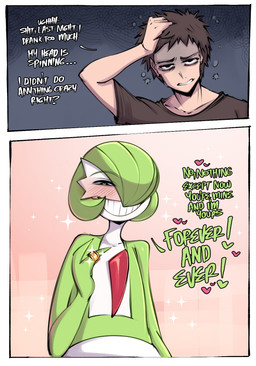 ambiguous_gender ambiguous_humanoid brown_eyebrows brown_hair bubble drunk drunk_bubble duo eyebrows fingers green_body green_eyebrows hair hand_on_head heart_symbol male male_human ring substance_intoxication teeth text white_body saltyxodium nintendo pokemon gardevoir generation_3_pokemon human humanoid mammal pokemon_(species) 2026 comic english_text hi_res