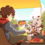 anthro brown_hair camping detailed_background duo eating food hair hot_dog male scarf tent yellow_eyes gdn0522 kubota_keita bandai_namco digimon digimon_ghost_game gammamon_(ghost_game) hiro_amanokawa ceratopsian digimon_(species) dinosaur gammamon human mammal ornithischian prehistoric_species reptile scalie triceratops colored hi_res shaded