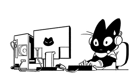 anthro black_body black_fur clothing computer electronics fur gaming gloves handwear headphones male solo kyle_smeallie cartoon_network mao_mao:_heroes_of_pure_heart sheriff_mao_mao_mao domestic_cat felid feline felis mammal hi_res monochrome