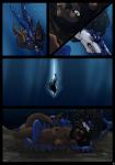 2015 anthro asphyxiation black_body black_hair black_scales black_stripes blue_body blue_scales breasts brown_body brown_fur brown_hair bubble butt clenched_teeth comic diving drowning duo female fight fin fish fur green_eyes gyerah hair hi_res hindpaw hug lei-lani long_hair mammal marine multicolored_body multicolored_scales mustelid nails nipples nude ocean_floor otter paws red_eyes sand scales sea sea_otter shark stripes teeth umpherio underwater water white_body white_scales