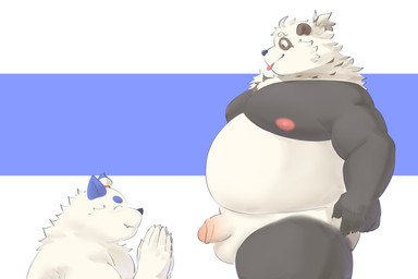 anthro belly big_belly biped black_body duo eyes_closed genitals kemono male male/male moobs nipples overweight overweight_male penis simple_background small_penis standing white_body nightshowlerid bear canid canine canis domestic_dog giant_panda mammal 2026 hi_res