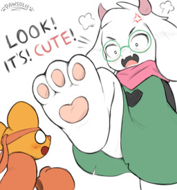3_toes accessory angry anthro blush clothing duo eyewear fangs feet female foot_focus fur glasses green_clothing green_eyewear green_glasses green_robe headband horn larger_male male open_mouth orange_body orange_fur pawpads paws pink_scarf robe scarf size_difference soles teeth text toes white_body white_fur yelling pawsolie deltarune undertale_(series) orange_(deltarune) ralsei bovid caprine goat mammal mouse murid murine rodent seven_flowers absurd_res hi_res