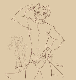 anthro athletic athletic_male blush blush_lines bulge clothed clothing duo ear_piercing flexing flexing_bicep floppy_ears hair hand_on_hip looking_at_another looking_at_viewer male navel nipples pecs piercing pubes simple_background slim slim_male standing tail tail_motion tailwag underwear underwear_only nerunaur the_lunar_flame leonardo_soleon samuel_limbo canid canine canis domestic_cat domestic_dog felid feline felis mammal 2026 hi_res portrait signature sketch three-quarter_portrait