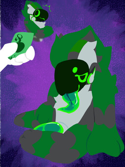 anthro bedroom_eyes genitals green_body green_eyes green_hair green_penis green_tongue hair machine male money narrowed_eyes penis seductive solo tapering_penis tongue tongue_out crime_toaster crime_(crime_toaster) protogen