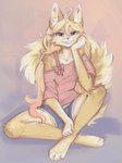 4_toes 5_fingers anthro blonde_hair blue_eyes bottomwear clenched_teeth clothed clothed_anthro clothed_female clothing countershade_torso countershading feet female fingers front_view fully_clothed fully_clothed_anthro fully_clothed_female fur hair inner_ear_fluff looking_at_viewer simple_background sitting smile solo tail teeth toes topwear tuft yellow_body yellow_fur yellow_tail yshanii domestic_cat felid feline felis mammal 2025 digital_media_(artwork) hi_res