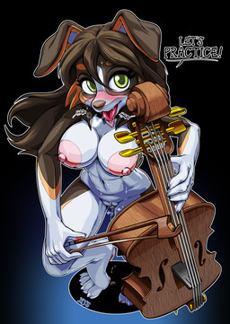 anthro blush bodily_fluids bowed_string_instrument breasts brown_hair cello dripping female genital_fluids genitals green_eyes hair looking_at_viewer musical_instrument nipples nude open_mouth solo standing string_instrument vaginal_fluid_string vaginal_fluids vulva rockthebull australian_shepherd canid canine canis domestic_dog herding_dog mammal pastoral_dog sheepdog