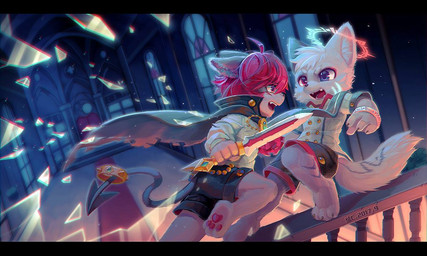 3_toes anthro black_bottomwear black_clothing bottomwear broken_glass cape church clothed clothing duo eye_contact feet fur glass hair holding_melee_weapon holding_object holding_sword holding_weapon jewelry looking_at_another male melee_weapon open_mouth pawpads pendant pink_hair pink_pawpads spade_tail sword tail toes topwear weapon white_body white_clothing white_fur white_topwear young young_anthro young_male canid canine mammal 2017
