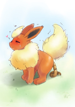 ambiguous_gender ambiguous_pooping black_inner_ear blue_background blush bodily_fluids butt crouching emanata eyes_closed feces feces_on_ground feces_pile feral fur grass head_tuft heart_symbol orange_body orange_fur plant pooping pooping_on_floor raised_tail ruff scatplay simple_background solo sweat tail tuft white_background yellow_body yellow_fur unoroute nintendo pokemon eeveelution flareon generation_1_pokemon pokemon_(species) female_(lore)