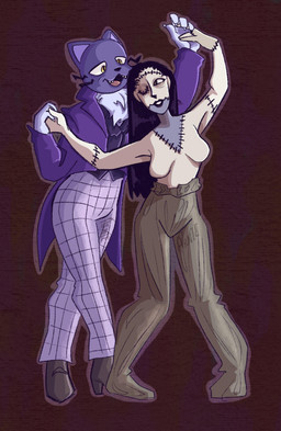 anthro black_clothing black_hair black_lips black_shirt black_topwear bottomwear breasts brown_bottomwear brown_clothing brown_eyes brown_footwear brown_pants brown_shoes claws clothed clothing dancing duo fangs featureless_breasts female footwear fur fur_tuft grey_body hair hand_holding happy jacket lips long_hair looking_at_another looking_at_partner male multicolored_body one_eye_closed open_mouth pants pants_only pattern_bottomwear pattern_clothing pattern_pants plaid plaid_bottomwear plaid_clothing plaid_pants purple_body purple_bottomwear purple_clothing purple_fur purple_jacket purple_pants purple_topwear romantic romantic_couple shirt shoes simple_background surgical_suture tan_body teeth tongue topwear tuft two_tone_body whiskers white_hands yellow_eyes fungerhead fear_&_hunger_2:_termina fear_and_hunger daan_(fear_and_hunger) pocketcat_(fear_&_hunger) stitches_(fear_and_hunger) felid feline felis humanoid mammal monster monstrous_humanoid moonscorched undead 2023 absurd_res colored hi_res