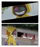 clothing clown coat duo humor male parody raincoat sewer topwear kuso_800t bandai_namco digimon digimon_survive it_(stephen_king) stephen_king_(copyright) dracmon_(survive) demon digimon_(species) dracmon humanoid piedmon