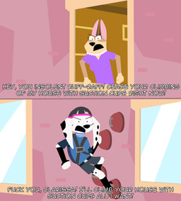 anthro dialogue duo female freckled_face freckles fur parody text white_body white_fur raidenthedeoxys 101_dalmatian_street 101_dalmatians disney clarissa_(101_dalmatians) dolly_(101_dalmatians) suction_cup_man canid canine canis dalmatian domestic_dog herding_dog mammal pastoral_dog welsh_corgi absurd_res comic english_text hi_res