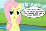 blue_eyes crossed_arms crossed_hooves dialogue female feral looking_at_viewer pond solo text unimpressed wings badumsquish friendship_is_magic hasbro my_little_pony mythology fluttershy_(mlp) equid equine mammal mythological_creature mythological_equine pegasus english_text hi_res