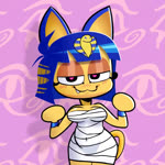 :3 armor bangs belly blue_ears blue_hair blush blush_lines bob_cut bouncing_breasts breasts fangs female hair heart_eyes heart_symbol looking_at_viewer markings slightly_chubby solo striped_markings striped_tail stripes tail tail_markings teeth uraeus vambrace yellow_body yellow_inner_ear hotdiggedydemon animal_crossing nintendo ankha_(animal_crossing) domestic_cat felid feline felis mammal 1:1 animated high_framerate no_sound short_playtime webm