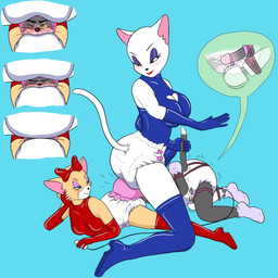 anthro bdsm bondage bonnet bound clothing cuff_(restraint) diaper diaper_facesitting diapered_dominant dominant dominant_female facesitting female group headgear headwear latex latex_clothing male male/female restraints sitting_on_another submissive submissive_male tail trio unclean_diaper used_diaper tokimeki4040 metro-goldwyn-mayer tom_and_jerry thomas_cat toodles_galore domestic_cat felid feline felis mammal 1:1 hi_res