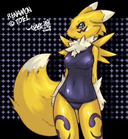 anthro black_sclera chest_tuft clothed clothing dotted_background double_tomoe female fur one-piece_swimsuit pattern_background school_swimsuit simple_background solo swimwear tail tomoe_(symbol) tuft white_body white_fur y2k_(graphic_design) yellow_body yellow_fur visark bandai_namco digimon canid canine digimon_(species) mammal renamon 2007