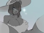 anthro biped blue_background breasts cleavage clothed clothing female fur_clothing hat headgear headwear looking_at_viewer simple_background solo sun_hat text crowlix winnie_(8un8un) bear mammal 2021 4:3 english_text monochrome signature