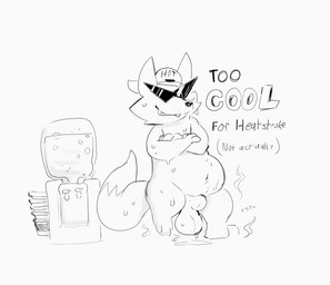 anthro backwards_baseball_cap backwards_cap backwards_hat balls baseball_cap belly bodily_fluids clothing eyewear feet fox_ears fox_tail genitals hat headgear headwear male pawpads paws penis sharp_teeth slightly_chubby solo sunglasses sweat sweaty_body sweaty_feet teeth text text_on_clothing text_on_hat text_on_headwear water_cooler keys_den keysquid undertale undertale_(series) radiation_fox_(undertale) canid canine fox mammal english_text monochrome sketch