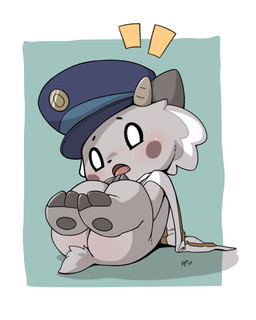 ambiguous_gender anthro blue_clothing blue_hat blue_headwear blush body_blush butt butt_blush clothing conductor_hat feet_up grey_body hat headgear headwear horn pupils solo surprised white_pupils young ajin nagamo-kun bovid caprine goat mammal 2024 4:5 absurd_res dated hi_res signature