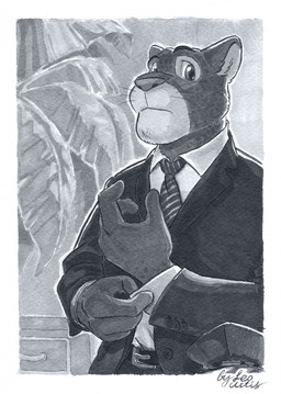accessory adjusting_clothing anthro belt black_body black_clothing black_fur black_suit border bottomwear clothed clothed_male clothing countershading dresser fully_clothed fully_clothed_male fur furniture grey_eyes grey_nose inner_ear_fluff inside looking_at_viewer male male_anthro melanistic necktie pants plant solo suit tuft whiskers white_border white_dress_shirt white_inner_ear_fluff leo-artis disney zootopia renato_manchas felid jaguar mammal pantherine hi_res monochrome signature