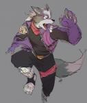 anthro clothed clothing fur grey_background male muscular muscular_anthro muscular_male open_mouth simple_background solo ginnosuke nintendo star_fox wolf_o'donnell canid canine canis mammal wolf 2018 digital_media_(artwork) hi_res