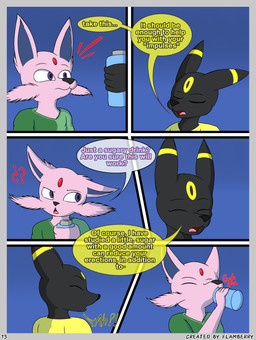 anthro black_body black_fur black_nose bottle clothed clothing container dialogue female forehead_gem fur gem inside male male/female open_mouth pink_body pink_fur purple_body purple_eyes purple_fur simple_background text flamberry_(artist) nintendo pokemon estung_venizee_neon_(flamberry) unomia_venizee_flare_(flamberry) canid canine eeveelution espeon generation_2_pokemon mammal pokemon_(species) umbreon absurd_res comic digital_drawing_(artwork) digital_media_(artwork) english_text hi_res ibispaint_(artwork) cousins_(lore)