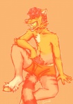 anthro biped body_hair boxer_briefs chest_tuft clothed clothing curled_hair fangs fur hair happy_trail hooves horn looking_at_viewer male navel open_mouth sharp_teeth simple_background sitting solo teeth tongue topless tuft underwear whiskers canned_(artist) bovid canid canine caprine mammal 2015 restricted_palette