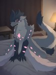 bed blush claws curtains feet female feral fur furniture horn inside looking_at_viewer nude on_bed solo tail toe_claws toes liend mythology phonon_(refl3ctron) dragon mythological_creature mythological_scalie scalie hi_res