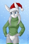 anthro blue_background blue_eyes bottomless bottomless_anthro bottomless_female breasts casual_exposure christmas_clothing christmas_headwear clothed clothing female fur genitals grey_body grey_fur hat headgear headwear holidays outside pom_hat pussy santa_hat simple_background snow snowing solo sweater thigh_gap topwear brian_mcpherson christmas cynthia_(brian_mcpherson) lagomorph leporid mammal rabbit 2013