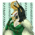 alternate_species anthro armor black_hair border breasts cape clothing crossgender female furrification hair headgear helmet inner_ear_fluff looking_at_viewer smile solo tuft white_border zintai24 marvel thor_(series) lady_loki loki_(marvel) canid canine fox mammal 1:1 absurd_res hi_res