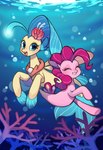 accessory blue_eyes blurred_background bokeh cutie_mark duo eyelashes eyes_closed female female_feral feral flower flower_in_hair fur hair hair_accessory mane open_mouth open_smile pink_body pink_fur plant sea smile smiling_at_viewer tail teeth underwater water yellow_body yellow_fur ikirunosindo friendship_is_magic hasbro my_little_pony my_little_pony:_the_movie_(2017) pinkie_pie_(mlp) princess_skystar_(mlp) fish marine seapony_(mlp) syngnathid syngnathiform 2020 hi_res