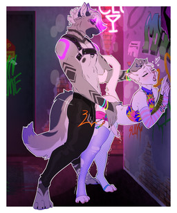 alley_sex anal anal_penetration anthro armwear athletic athletic_male bottomwear clothed clothed_sex clothing crop_top crossdressing duo elbow_gloves erection femboy fluffy fluffy_tail fur genitals gloves hair handwear harness heart_symbol humanoid_genitalia humanoid_penis interspecies male male/male open_bottomwear open_clothing open_pants pants penetration penile penile_penetration penis penis_in_ass sex shirt shirtless_male slim_anthro slim_male standing standing_sex tail tie-dye topwear white_body white_fur white_hair letsdrawcats toryn_(torynwolf) canid canine canis domestic_cat felid feline felis mammal wolf hi_res