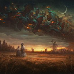 ambiguous_gender breath_powers brown_hair building clothing cloud crops detailed_background dress elemental_manipulation farm feral fire fire_breathing fire_manipulation forest green_body green_scales group hair hat headgear headwear holding_object holding_plant horn looking_up membrane_(anatomy) membranous_wings moon open_mouth outside plant scales sharp_teeth star sunset tail teeth town tree white_clothing white_dress windmill wings justin_gerard mythology dragon human mammal mythological_creature mythological_scalie scalie 1:1 2019 hi_res