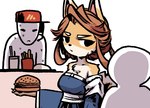 accessory anthro asian_clothing blue_clothing blue_dress brown_hair burger clothing dress fast_food_employee female food frown hair hair_accessory hair_ring scowl solo unknown_artist bully_fox canid canine fox mammal