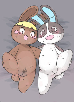 anthro blonde_hair blush bodily_fluids brown_body brown_fur chibi duo featureless_chest female fur genitals grey_body grey_fur hair happy kemono looking_at_viewer lying nude on_back open_mouth presenting presenting_vulva pubes seductive smile sweat tail vulva white_body white_fur young young_anthro bluescape735 animal_crossing nintendo bonbon_(animal_crossing) dotty_(animal_crossing) lagomorph leporid mammal rabbit 2024 hi_res adult_(lore)