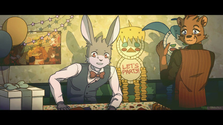 5_fingers anthro balloon black_bars black_nose bow_tie brown_body brown_eyes brown_fur brown_inner_ear clothed clothing duo eyebrows fingers fur furniture gift holding_object inflatable inside male purple_body purple_eyes purple_fur red_nose shirt standing table topwear vest naturanevie five_nights_at_freddy's five_nights_at_freddy's_2 scottgames bonnie_(fnaf) toy_freddy_(fnaf) bear lagomorph leporid mammal rabbit 16:9 2020 digital_media_(artwork) letterbox shaded widescreen