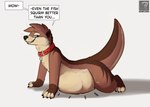 abdominal_bulge after_vore anthro collar collar_only lying male male_pred nude on_front oral_vore simple_background solo struggling struggling_prey text vore slimyjaws coral_(slimyjaws) mammal mustelid otter english_text hi_res