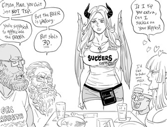 big_breasts blush bodily_fluids breasts cleavage clothed clothing dialogue drooling eyewear female glasses group heart_symbol hexagram jewelry male necklace not_furry saliva sharp_teeth shirt sweat symbol tank_top teeth text text_on_clothing text_on_shirt text_on_tank_top text_on_topwear topwear baalbuddy black_sabbath hooters demon humanoid orc english_text hi_res monochrome