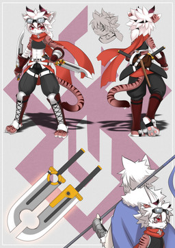 anthro armband armor bandage belt black_nose bottomwear cape claws clothed clothing duo eyewear facial_markings fur fur_trim_(clothing) gauntlets gloves goggles greaves hair handwear head_markings horn inner_ear_fluff legband male markings melee_weapon navel pants pawpads paws pickaxe pink_body pink_fur ponytail red_eyes scarf shadow shirt standing sword tail tank_top topwear tuft weapon white_body white_fur white_hair wolflong felid mammal pantherine tiger absurd_res character_request hi_res