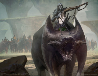 army duo_focus dutch_angle feral front_view gesture group hand_gesture horn knight open_mouth perspective pointing quadruped reins riding roaring sharp_teeth straddling teeth warrior anastasia_ovchinnikova hasbro magic:_the_gathering wizards_of_the_coast humanoid kor_(magic:_the_gathering) monster digital_media_(artwork) official_art