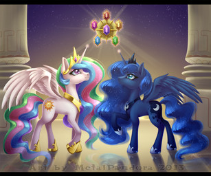 column duo feathered_wings feathers female feral gem horn princess quadruped royalty tail wings metalpandora friendship_is_magic hasbro my_little_pony mythology princess_celestia_(mlp) princess_luna_(mlp) equid equine mammal mythological_creature mythological_equine winged_unicorn 2013
