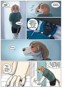 anthro bathroom bed bed_sheet bedding black_body black_fur black_hair blanket blue_eyes blush blush_lines blushing_profusely bodily_fluids boxer_briefs bracing brown_eyes claws clothing dialogue door duo ear_piercing ear_ring embarrassed eyebrow_through_hair eyebrows fur furniture hair highlights_(coloring) hunched_over male medicine_cabinet mirror nightshirt pawpads piercing pillow ring_piercing shirt shower_curtain sink smile sweat sweatdrop tail tail_between_legs tan_body tan_fur tank_top text thought_bubble topwear translucent translucent_hair turning_back turning_head underwear waking_up walking wavy_mouth gaikotsu airam tauski canid canine canis domestic_dog mammal wolf comic english_text hi_res