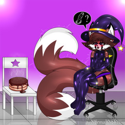 2_tails alternative_fashion anthro big_butt big_ears biped brown_body brown_fur butt cake candy chair chocolate clothing dessert femboy food fox_ears fox_tail fur furniture gaymer goth hat headgear headwear huge_butt huge_thighs hyper hyper_thighs legs_together legwear magic magic_user male male_anthro multi_tail purple_eyes smile solo spiral star tail thick_thighs white_body white_fur witch witch_costume witch_hat normannsfw normanthefox canid canine fox mammal 1:1 absurd_res hi_res