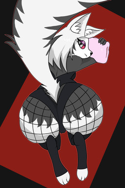 anthro bedroom_eyes bent_over butt butt_focus clothing female fishnet_clothing narrowed_eyes pillow red_sclera seductive solo tail twistednature hellaverse helluva_boss mythology loona_(helluva_boss) canid canid_demon canine demon hellhound mammal mythological_canine mythological_creature 2:3 absurd_res hi_res