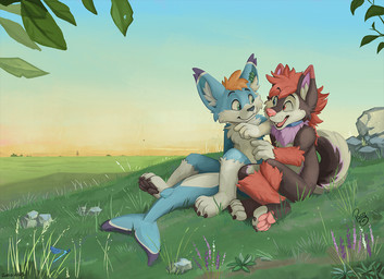 anthro black_body black_fur blue_body blue_eyes blue_fur closed_smile duo eye_contact fur grass hair happy heterochromia inner_ear_fluff leaf logo looking_at_another male male_anthro mouth_closed nude open_mouth open_smile orange_hair outside pawpads pink_pawpads plant red_eyes red_hair rock short_hair sitting smile tuft white_body white_fur white_inner_ear_fluff young young_anthro young_male pandapaco aquatic canid canine felid hybrid mammal artist_logo signature